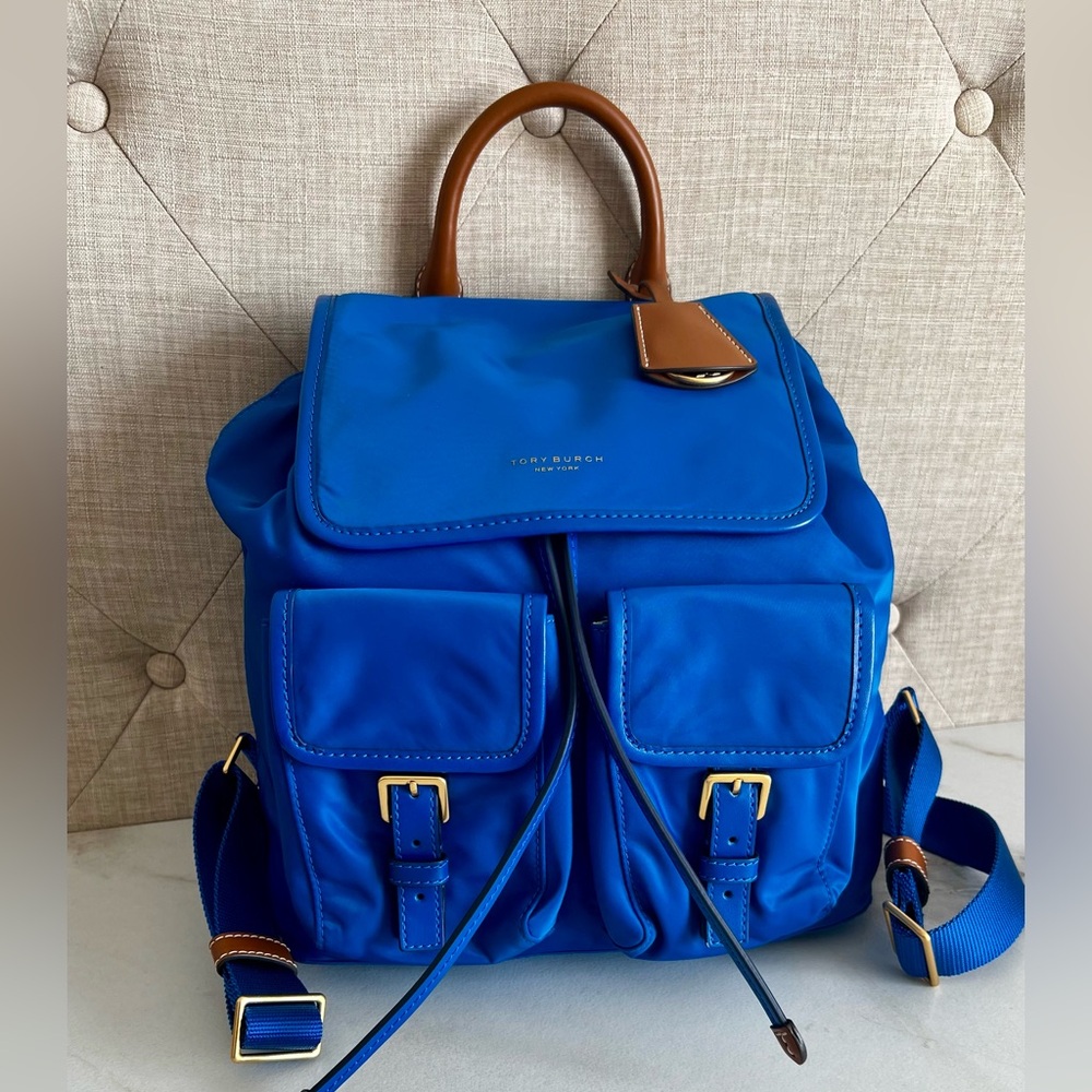 Tory Burch Perry Blue Nylon Leather Trim Backpack NWOT
